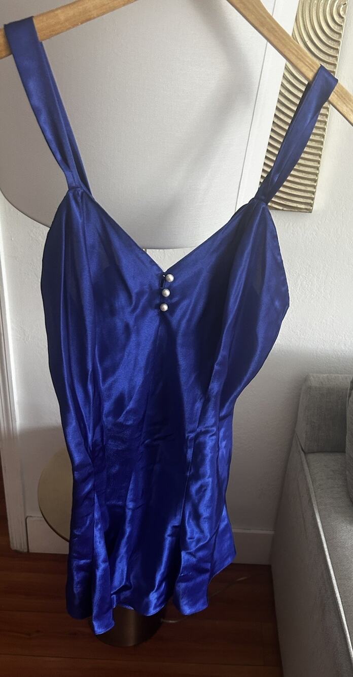Vtg Cacique Blue Silky Satin Teddy Romper Lingerie SZ L